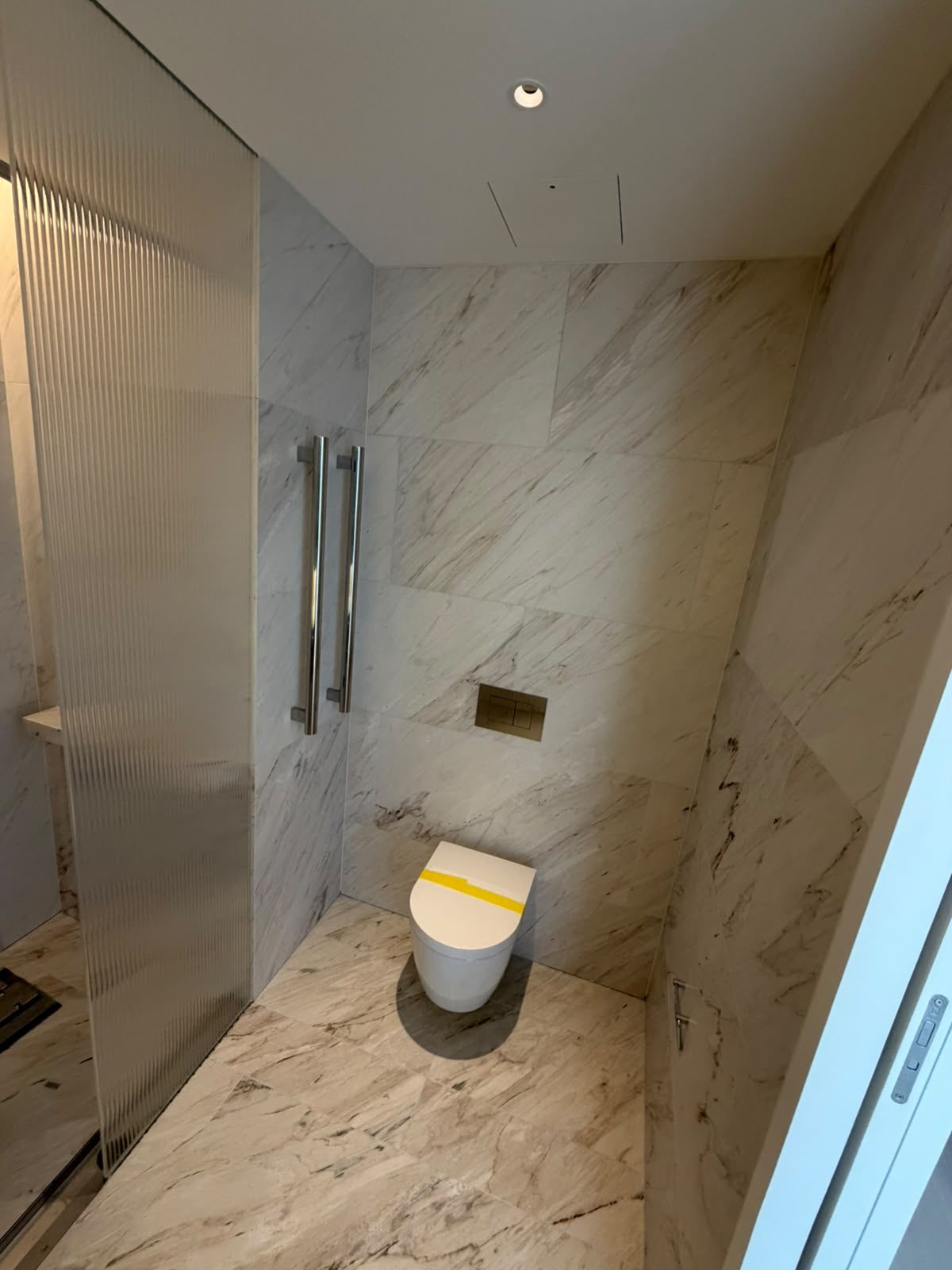 Bathroom renovation by Alta-Reno Services — wall-hung toilet and marble tiling