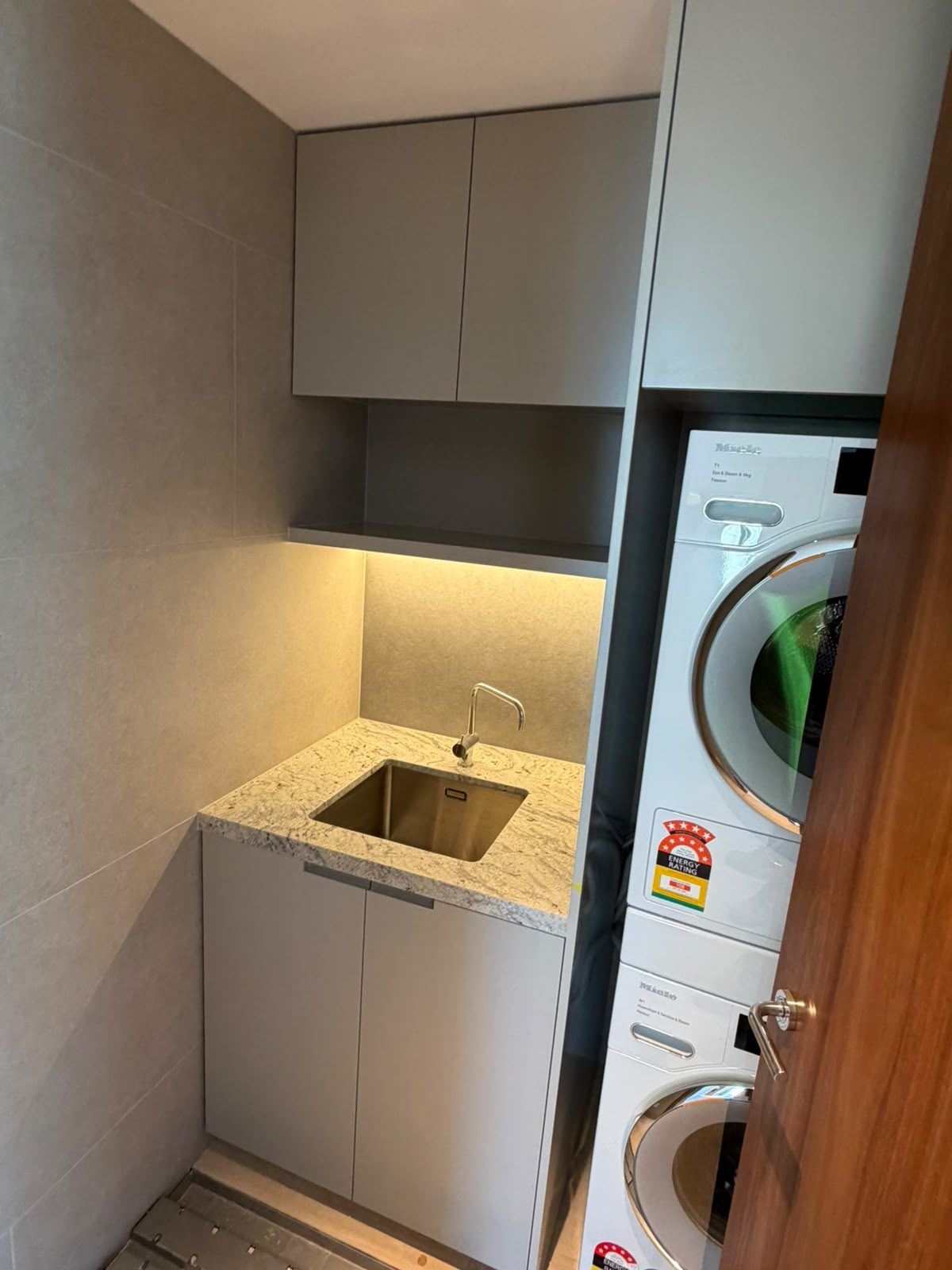 Laundry renovation by Alta-Reno Services — sink and overhead storage